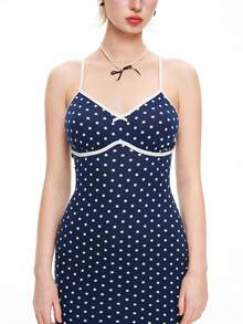 ROMWE Kawaii 女士波尔卡圆点印花简约日常细肩带连衣裙 - 藏蓝色 - 查看 2