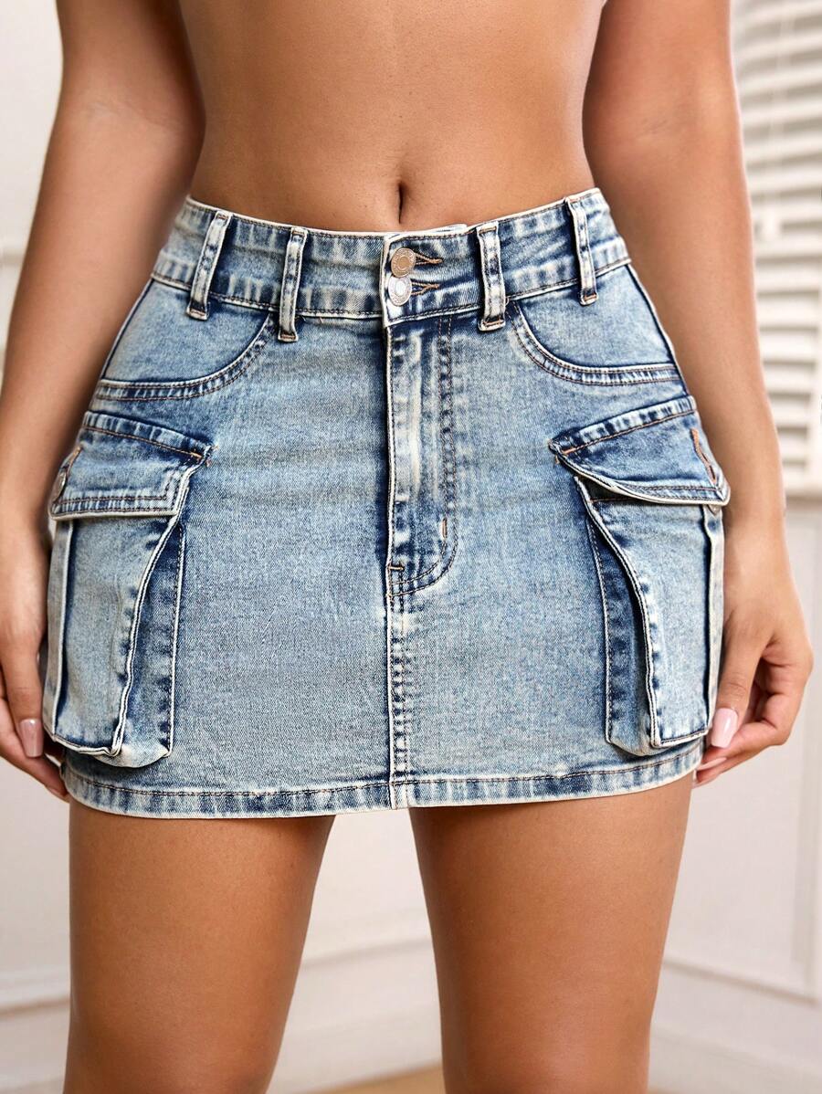 SHEIN PETITE Women's Casual Denim Pencil Skirt With Pockets - Blue - View 1