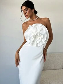 SHEIN Privé Vestido de fiesta de media pantorrilla elegante y delgado con cintura de 3D flores para mujer - Blanco - Ver 4