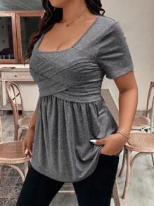 EMERY ROSE Plus Size Women's Summer Solid Color Square Neck Short Sleeve Ruffle Hem Casual T-Shirt