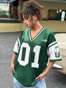 SHEIN Leap Crew Teen Girls' Loose Fit Olive Green Football Jersey Casual Short Sleeve T-Shirt, Back To School - Green - View 1