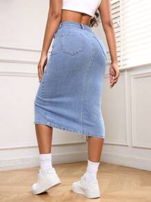 SHEIN PETITE Spring & Summer Casual Slit Slim-Fit Denim Skirt - Blue - View 2