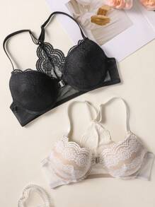 2pcs Set: Lace Patchwork Front Hook Solid Color Women Bra With Steel Circle