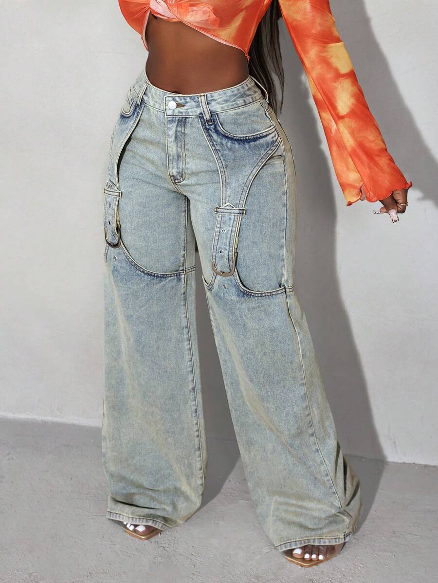 Slaydiva 纯色纽扣口袋休闲阔腿牛仔裤，女士休闲纽扣、口袋、拉链低腰阔腿长款轻洗宽松女式牛仔裤，春秋季，休闲日常穿着 - 淺色水洗藍 - 查看 1