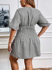 Flirla Plus Size Nữ Mùa Hè Kẻ Sọc Shirred Tay Phồng Cinched Eo Váy Chữ A - Đen và trắng - Xem 2