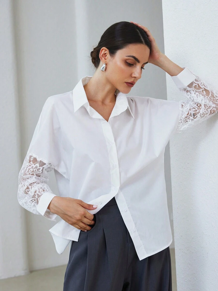SHEIN Privé Blus Lengan Panjang Wanita Sederhana, Elegan, Kontras Renda, Kasual, Serbaguna untuk Musim Gugur - Putih - View 1