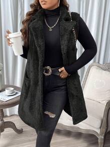 SHEIN LUNE Plus Size Women's Winter Solid Color Turndown Collar Sleeveless Long Fluffy Coat - Black - View 3