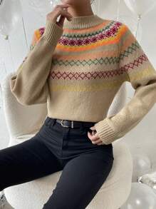 SHEIN LUNE Women's Retro Pattern Turtleneck Long Sleeve Sweater, Knit Pullover Fall Winter - Multicolor - View 3