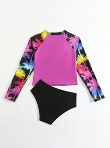 Nuevo conjunto de bikini de manga larga con estampado floral para niña preadolescente