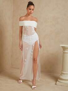 SHEIN Unity Off Shoulder 3D Flower Embellished Sheer Dress