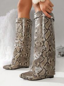 SHUZIA 女士鞋尖头坡跟蛇纹 PU 靴女士时尚及膝靴 - 彩色 - 查看 4