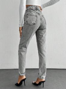 EURMUSE High Waist Ripped Mom Fit Jeans - Grey - View 2