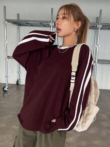 DAZY 女士宽松圆领撞色条纹长袖T恤，秋季服装 - 玫瑰紅 - 查看 3