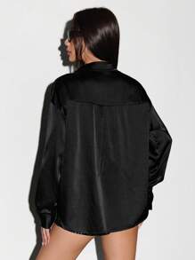 SHEIN Unity 长袖纯色有领纽扣衬衫 - 黑色 - 查看 2