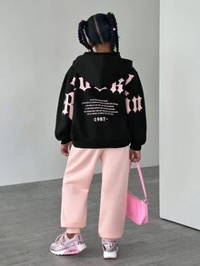 SHEIN 2pcs Gothic Text Fleece Sweatshirt & Pants Set For Tween Girls - Black - View 2