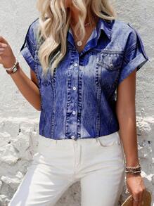 SHEIN LUNE Sơ mi tay ngắn cài nút in toàn bộ, mùa hè - Màu xanh lam - Xem 3