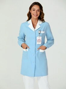 TaskEZ White Coat Long-Sleeved Female Doctor Uniform Nurse Uniform Short-Sleeved Winter Coat Uniform Pharmacy Uniform Surgical Gown - Blue and White - View 2