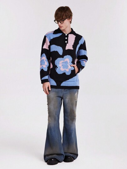 Street Life Pull tricoté à col Mao avec motif blocs de couleurs pour hommes