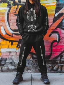 Manfinity Roughcore Men's Skeleton Printed Hoodie And Pants Set - Black - View 3