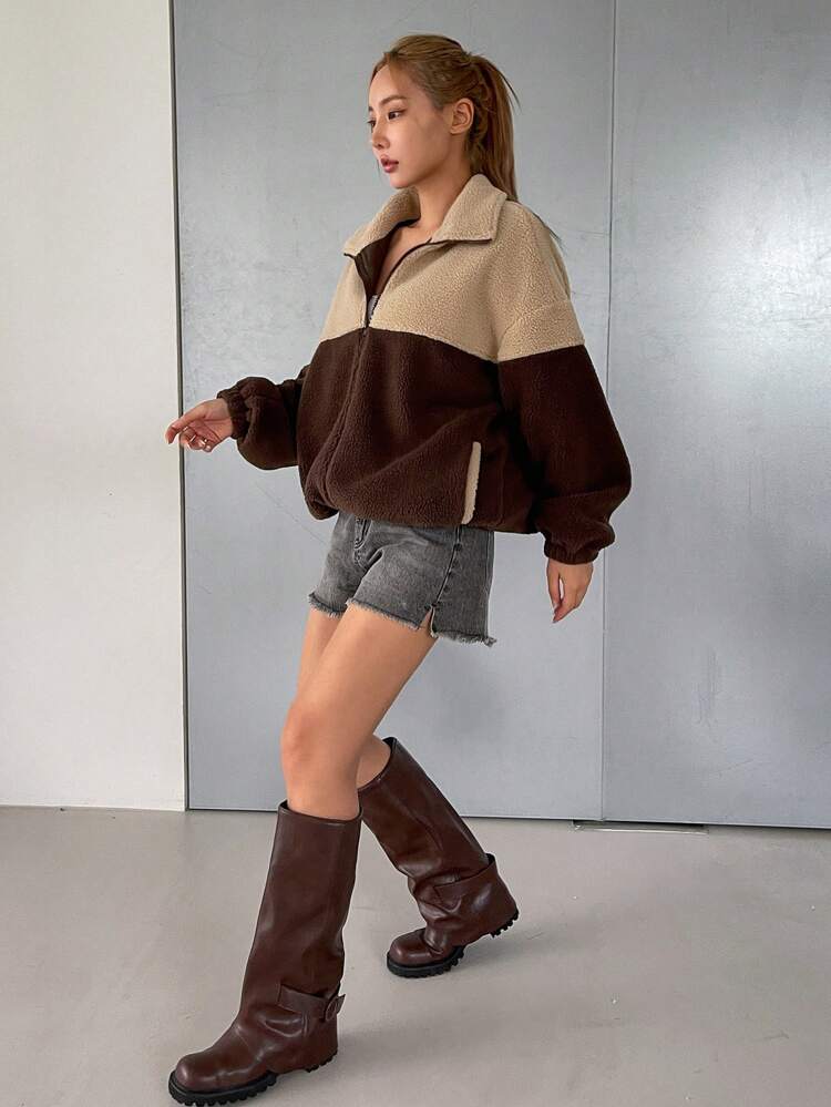 Women Contrast Color Pocket Zip Up Long Sleeve Jacket, For Autumn/Winter,Fall Women Clothes,Thermal Lined