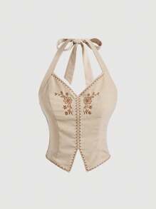SHEIN MOD Apricot  Summer Women Tops With Neck Strap Back Tie ,Contrast Thread Retro Flower Embroidery Decor,Old Money Style Cute Summer Tops,Women Tank Top - Khaki - View 1