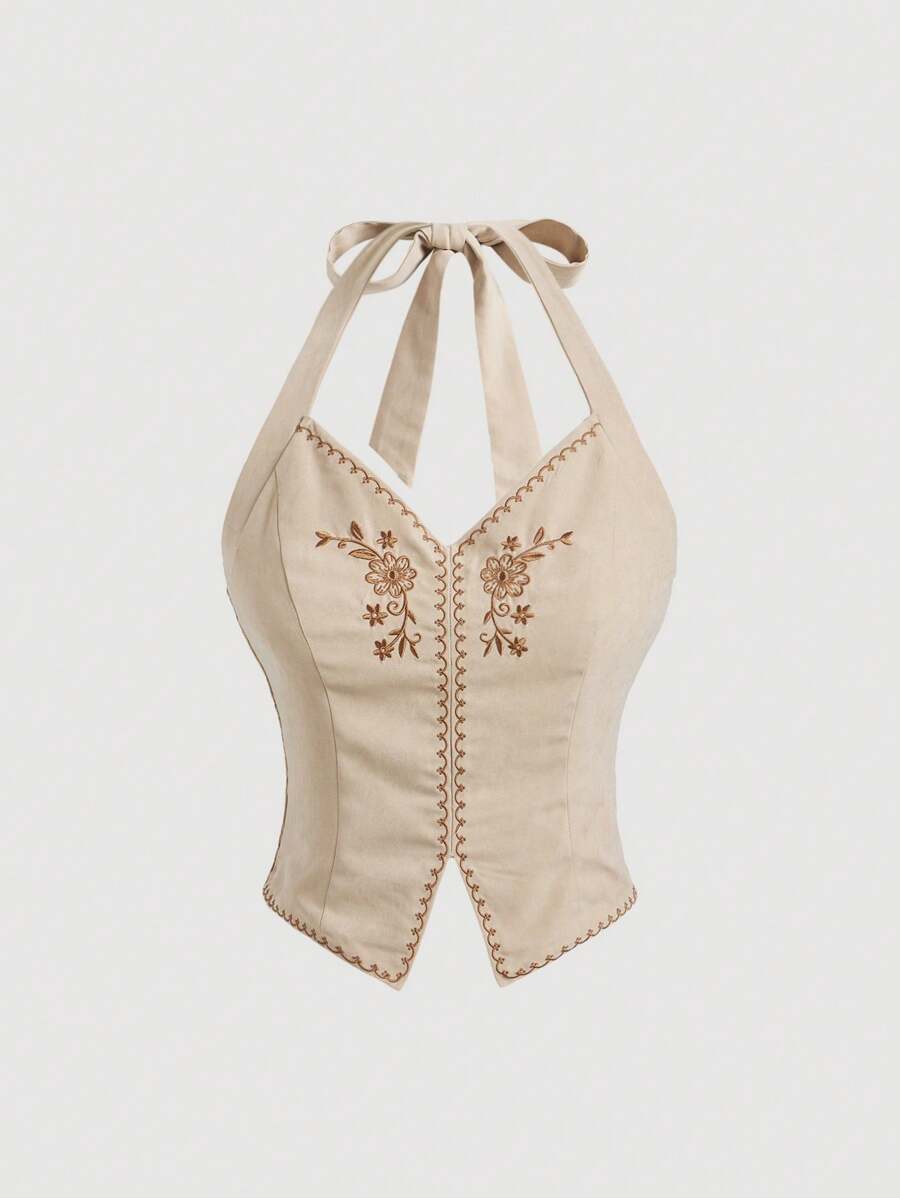 SHEIN MOD Apricot  Summer Women Tops With Neck Strap Back Tie ,Contrast Thread Retro Flower Embroidery Decor,Old Money Style Cute Summer Tops,Women Tank Top - Khaki - View 1