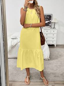 Pariaura 女士宽松休闲圆领无袖荷叶边下摆褶皱纹理面料连衣裙长款女装 - 黃色 - 查看 5