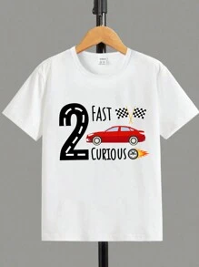 年轻男孩圆领短袖字母和赛车印花休闲 T 恤 - 白色 - 查看 1