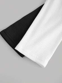 SHEIN Girlism 2pcs Teen Girls' Knitted Ribbed Hollow-Out Round Neck Casual Long Sleeve T-Shirts Set - Black and White - View 3