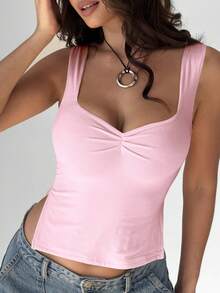 Mystra 夏季休闲纯色褶饰侧开衩吊带背心