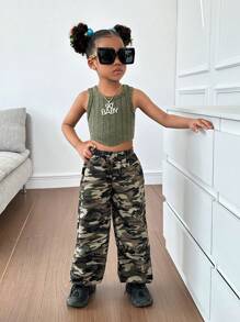 SHEIN Top sin mangas y Joggers de camuflaje de punto sólido para vestir en la calle, para una joven - Verde militar - Ver 7