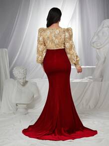 Glamrae Vestido de fiesta formal de longitud hasta el suelo con cola de pez, manga larga, volantes asimétricos, tejido de satén elástico con bloque de color y bordado elegante y de lujo, para eventos como graduación, cena, invitado de boda en talla grande