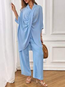 SHEIN LUNE Bộ 2 món áo quấn thời trang nữ - Màu xanh lam - Xem 5