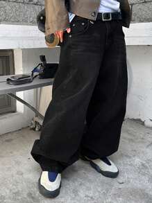 DAZY Jeans amples à poches de couleur unie à jambes larges pour hommes, automne, vêtements de rentrée scolaire, grunge - Noir - Voir 8