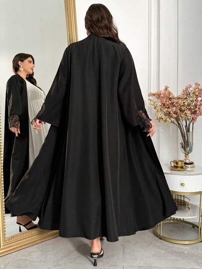 Al Najma 大码女式花卉刺绣网眼长袍，阿拉伯风格，全长前开式端庄长袖长袍，适合日常休闲/节日/婚礼派对/晚会