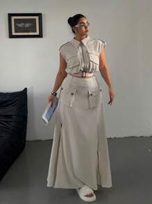 POPSWAY Plus Size 2pcs/Set Sleeveless Zipper Crop Top And High Slit Hem Skirt Set - Apricot - View 7