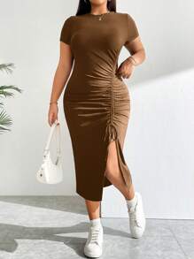 SHEIN Essnce 大码女式夏季休闲修身舒适开衩聚拢抽绳棕色连衣裙、修身连衣裙、夏季女装、中长连衣裙、长款紧身连衣裙、返校装、加大码、返校节连衣裙 - 棕色 - 查看 1