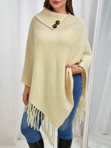 SHEIN Frenchy Plus Size Women's Solid Color Batwing Sleeve Patchwork Fringe Hem Casual Sweater - Apricot - View 5