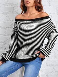 SHEIN PETITE Áo len trễ vai họa tiết sọc ấm áp cho chuyến đi chơi mùa thu đông - màu đen - Xem 4