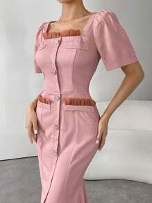 Modelyn Women's Square Neck Ruffle Trim Button Down Fitted Elegant Dress - Pink - View 5