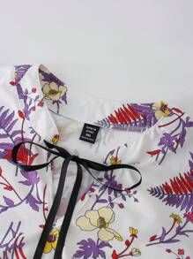SHEIN LUNE Plus Size Women's Summer Floral Print V-Neck Cap Sleeve Blouse - Mauve Purple - View 5
