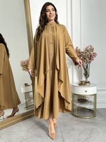 Al Najma Vestido largo y casual de manga larga con cuello alto y plisado, de unicolor, para mujer de talla grande. Elegante y modesto vestido largo maxi para uso casual diario, viajes, vacaciones, fiestas por la noche y como invitada de boda, apto para primavera y verano