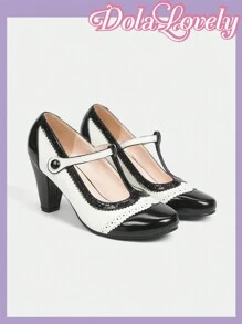 Dola Lovely Giày cao gót nữ đen trắng Mary Jane phong cách cổ điển Lolita họa tiết ren thu - Đen và trắng - Xem 6