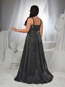 SHEIN Belle Váy dạ hội chữ A cổ vuông buộc dây xương cá màu tím đậm cỡ lớn, váy dạ hội trang trọng thanh lịch, dành cho khách dự tiệc cưới, tốt nghiệp, tiệc tối - Màu xanh lam - Xem 3