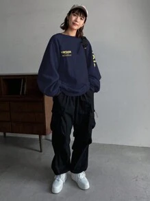 FRIFUL 女士字母印花插肩袖长袖宽松休闲运动衫，春秋季 - 藏蓝色 - 查看 3