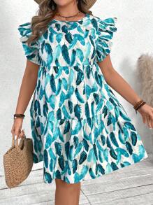 SHEIN VCAY Plus Size Cổ Thuyền Tay Áo Có Lông In Họa Tiết Hoa Đầm - Màu xanh ngọc - Xem 7