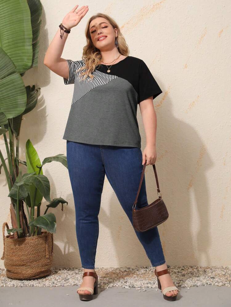 Plus Size Women Summer Striped Print Crew Neck Short Sleeve Casual T-Shirt