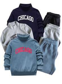 SHEIN 6pcs/Set Kids/Young Boys Casual Korean Style Letter Print Mock Neck Sweatshirt And Solid Drawstring Pants 2 Piece Knitted Outfit, Suitable For Layering With Jackets For Outing, Party, School, Play, Fleece, Thickened