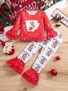 Trang phục áo ngắn tay và quần ống loe in họa tiết mùa hè cho bé gái mới biết đi - Đỏ - Xem 1