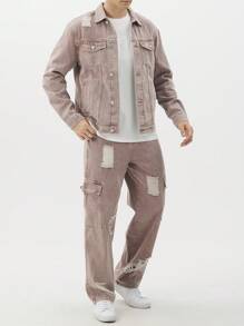 Manfinity Roughcore Men's Solid Color Casual Long Sleeve Top And Jeans Pants Set